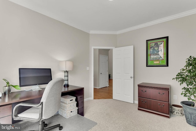 office with baseboards, ornamental molding, and carpet