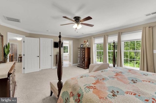 bedroom featuring visible vents, ornamental molding, ceiling fan, and light carpet