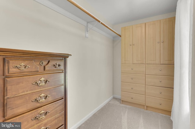 walk in closet with light carpet