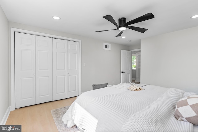 3500 The Alameda, Baltimore, MD 21218 - bedroom featuring a closet, light wood-style floors, recessed lighting, ceiling fan, and baseboards