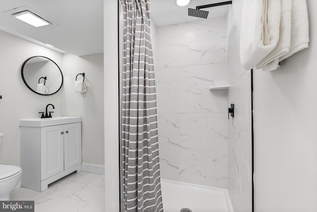 3500 The Alameda, Baltimore, MD 21218 - bathroom with marble look tile flooring, toilet, curtained shower, and vanity