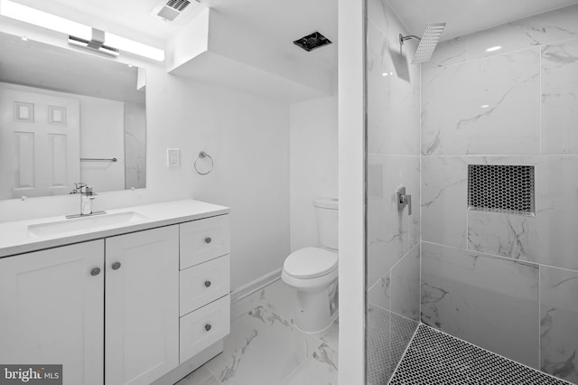 bathroom featuring a marble finish shower, toilet, marble finish floor, and visible vents