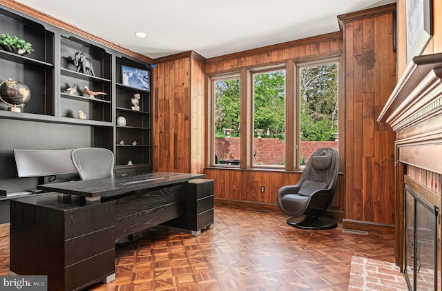 home office with baseboards, wood walls, and recessed lighting