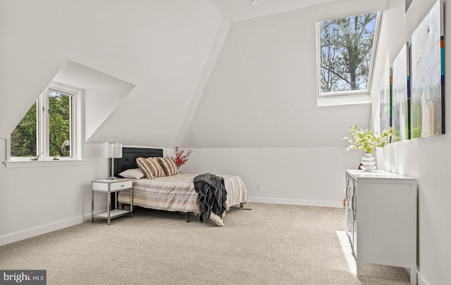 bedroom featuring baseboards, carpet, and lofted ceiling