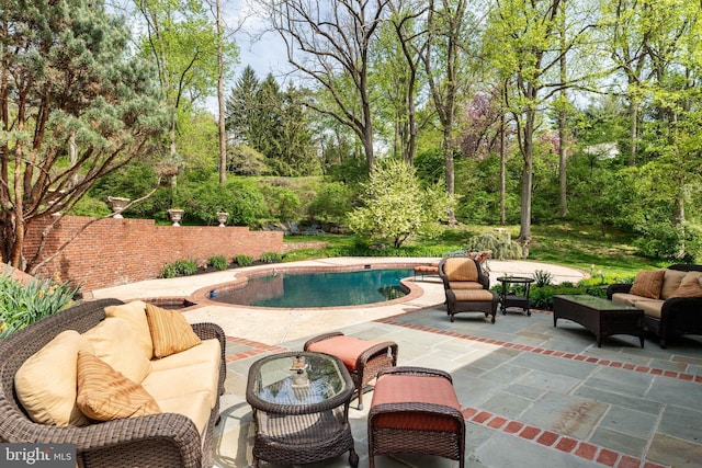 outdoor pool featuring an outdoor hangout area and a patio area