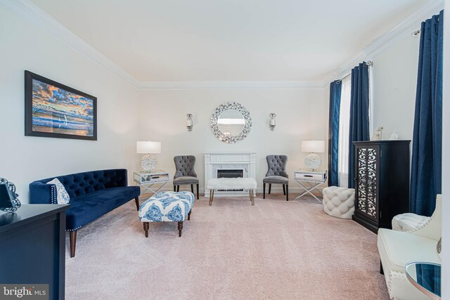 carpeted living room with a premium fireplace and crown molding