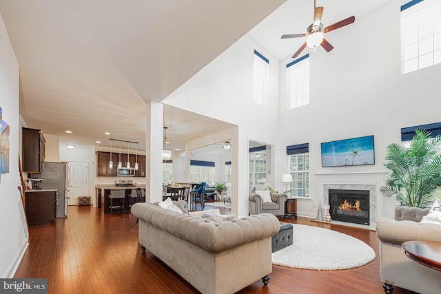living area featuring plenty of natural light, a ceiling fan, a premium fireplace, and dark wood-style floors