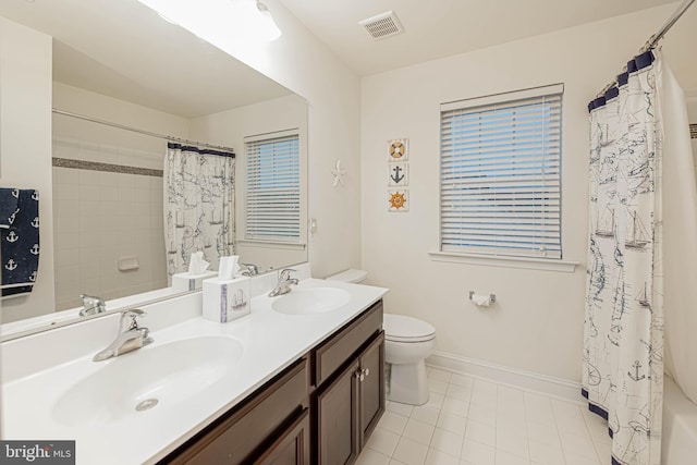 bathroom with toilet, tile patterned floors, visible vents, and a sink