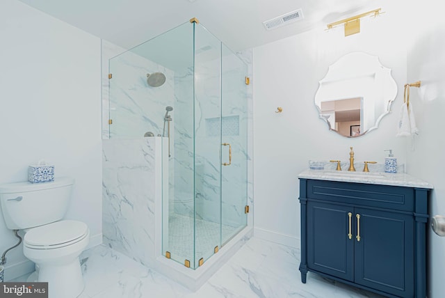 bathroom featuring visible vents, marble finish floor, baseboards, and a marble finish shower