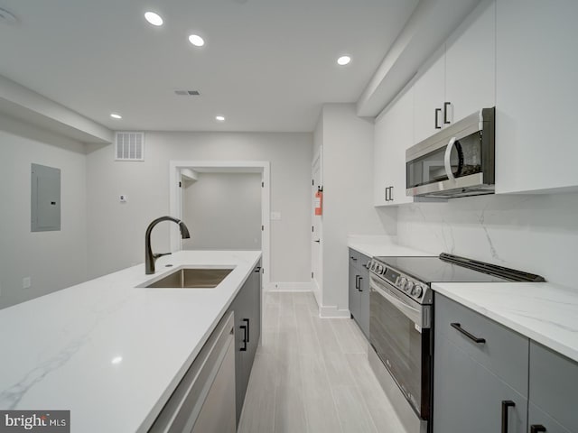 kitchen with electric panel, visible vents, appliances with stainless steel finishes, a sink, and recessed lighting