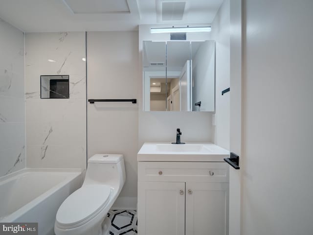full bath featuring toilet, visible vents, shower / bathing tub combination, and vanity