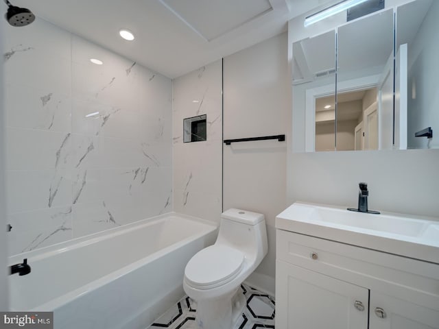 bathroom featuring visible vents, shower / tub combination, vanity, toilet, and recessed lighting