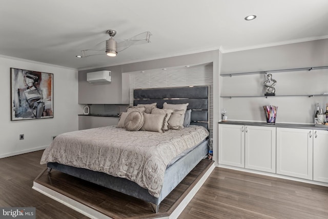 bedroom featuring ornamental molding, recessed lighting, an AC wall unit, and wood finished floors