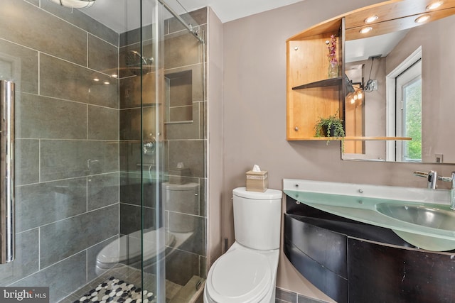 bathroom with vanity, toilet, and a stall shower