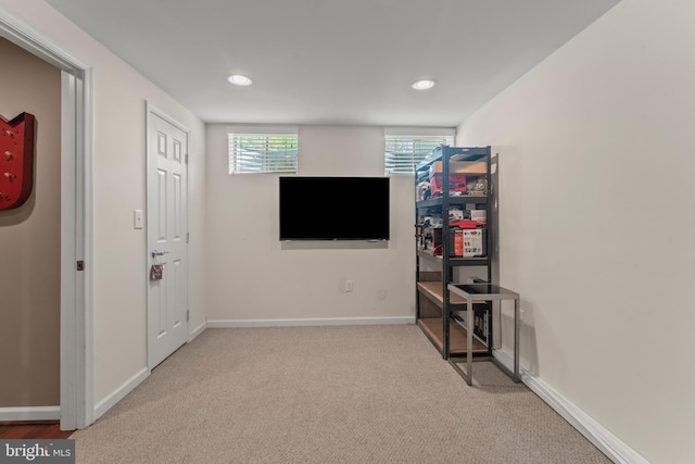 interior space featuring recessed lighting, carpet flooring, and baseboards