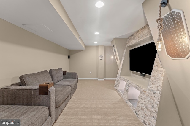 living area featuring baseboards, recessed lighting, and carpet floors