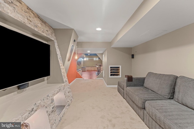 living room with baseboards, recessed lighting, and carpet floors