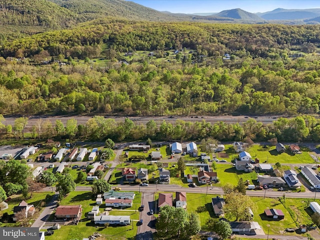 birds eye view of property featuring a view of trees and a mountain view