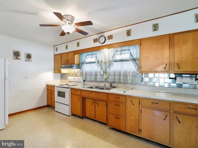 kitchen featuring decorative backsplash, brown cabinets, white appliances, and light countertops
