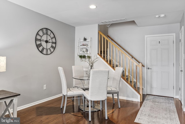 dining room with stairway, recessed lighting, wood finished floors, and visible vents