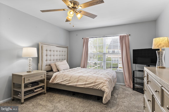 bedroom featuring carpet flooring, baseboards, and ceiling fan