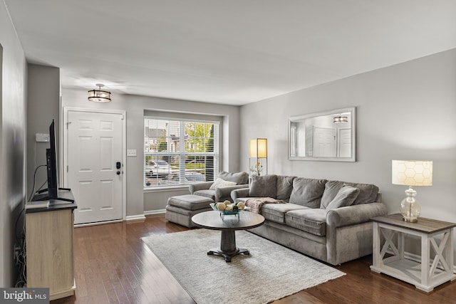 living room featuring baseboards and dark wood-style floors