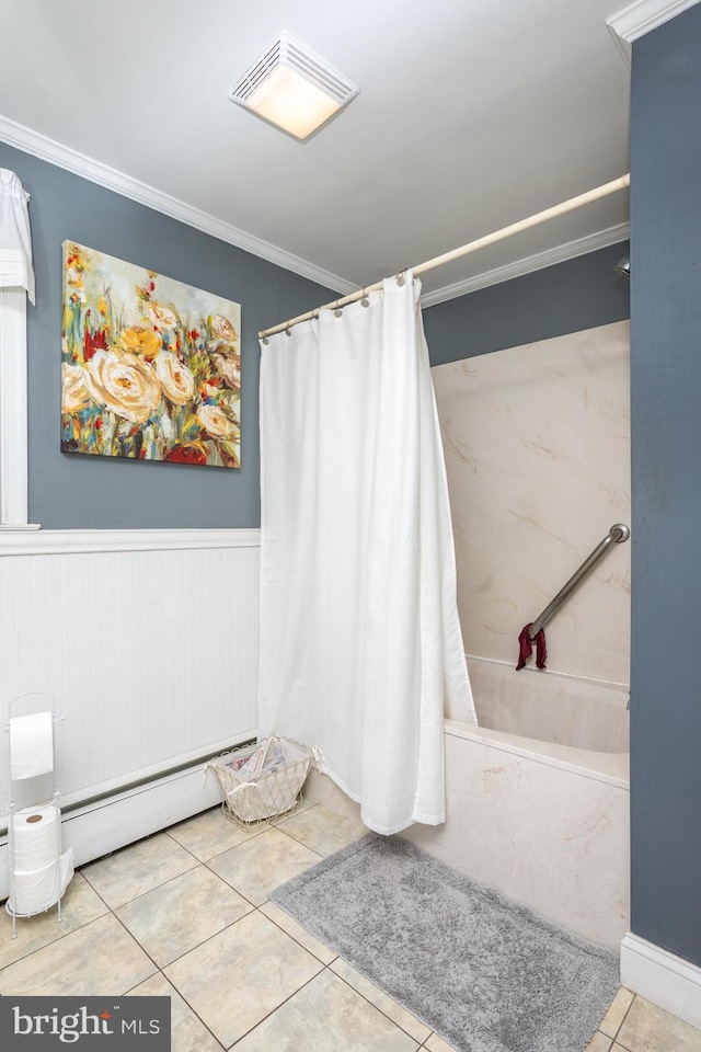 bathroom with visible vents, crown molding, curtained shower, tile patterned floors, and a baseboard heating unit