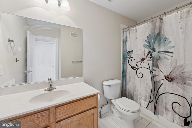 full bathroom featuring toilet, visible vents, a shower with shower curtain, tile patterned flooring, and vanity