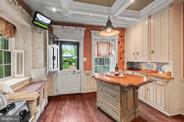 interior space featuring dark wood-style flooring, beam ceiling, a wainscoted wall, and coffered ceiling