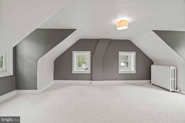 additional living space featuring radiator heating unit, carpet, lofted ceiling, and baseboards