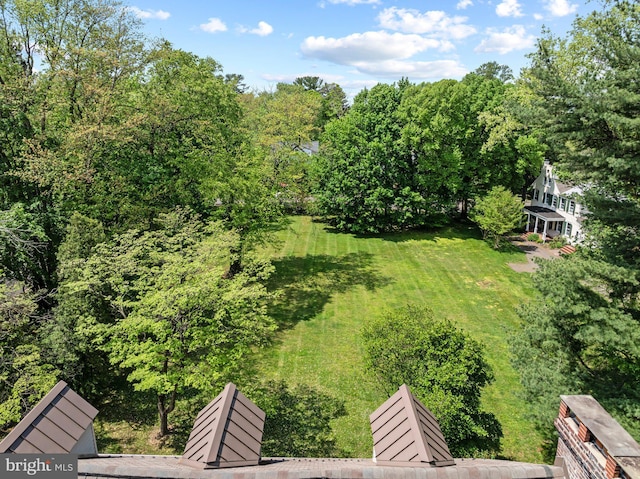 view of green lawn featuring a forest view