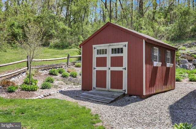 view of shed featuring fence