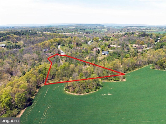 aerial view featuring a wooded view
