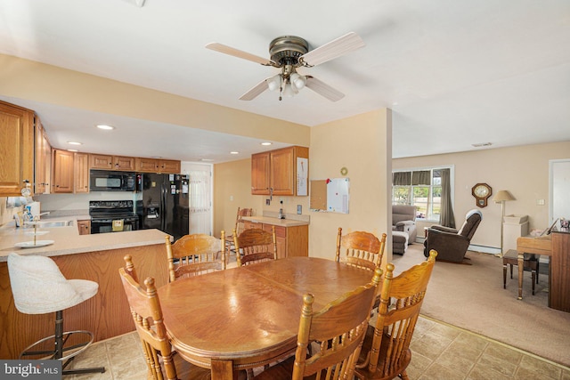 304 Snyder Rd, Reading, PA 19605 - dining area with ceiling fan, baseboard heating, and recessed lighting