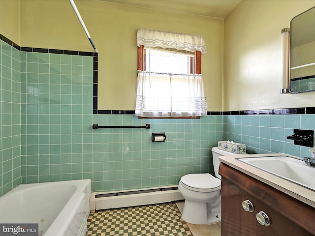 bathroom with a bathing tub, toilet, tile walls, and a baseboard radiator