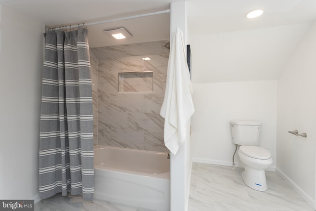 full bath with baseboards, shower / bath combination with curtain, toilet, and marble finish floor