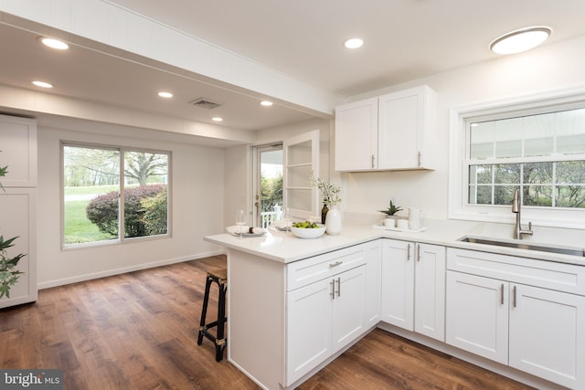 kitchen with white cabinetry, a peninsula, dark wood-style floors, and a sink