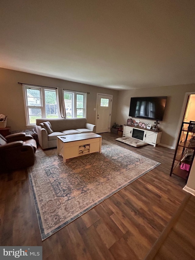 living room featuring dark wood-style flooring