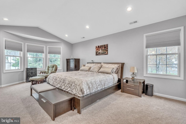 bedroom with recessed lighting, carpet flooring, visible vents, vaulted ceiling, and baseboards