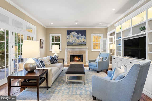 living area with a healthy amount of sunlight, a fireplace, and crown molding