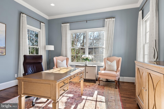 office area featuring baseboards, recessed lighting, wood finished floors, and ornamental molding
