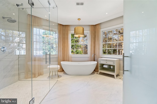 full bath featuring a wealth of natural light, visible vents, a shower stall, and a freestanding bath