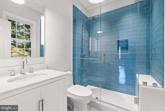 bathroom with toilet, a shower stall, and vanity