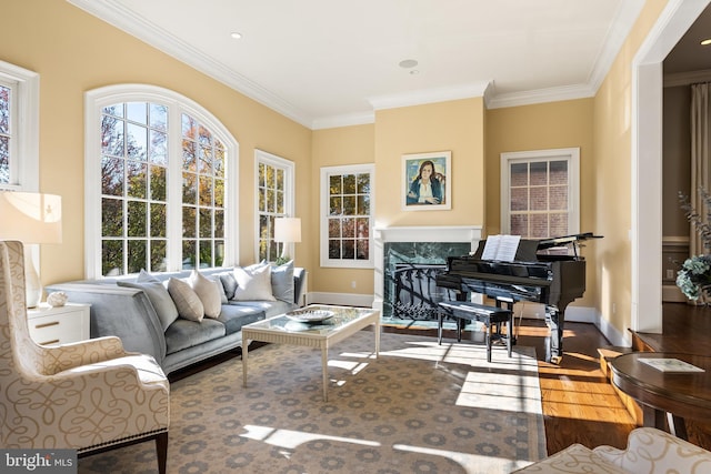 sitting room featuring a fireplace, wood finished floors, crown molding, and baseboards