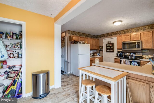5135 Clark Canning House Rd, Federalsburg, MD 21632 - kitchen with stainless steel appliances, a textured ceiling, a peninsula, light countertops, and baseboards