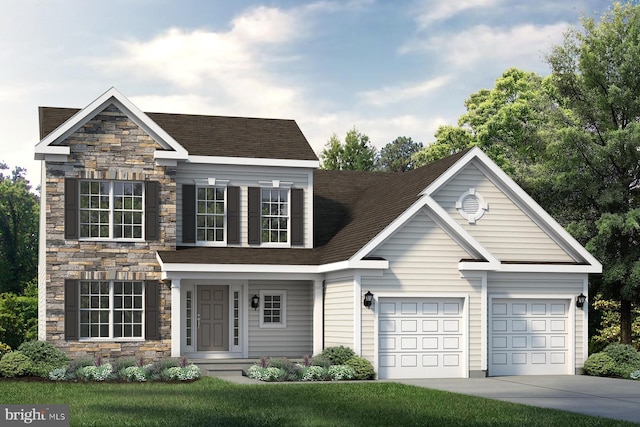 traditional home featuring roof with shingles, concrete driveway, and stone siding