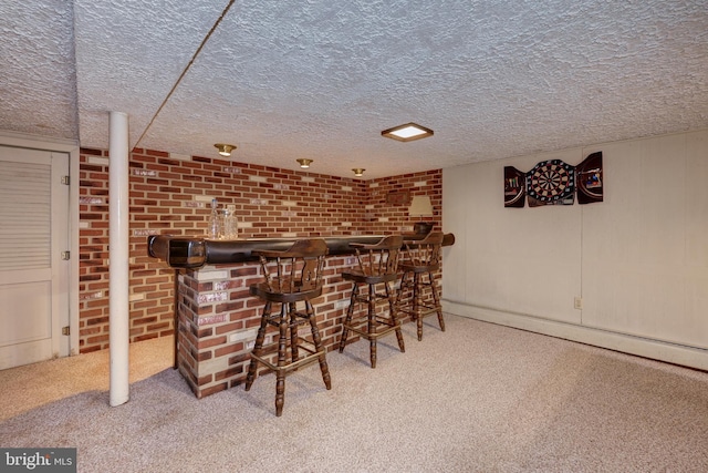 32 Bridge Rd, Lumberton, NJ 08048 - bar with a baseboard radiator, a textured ceiling, carpet floors, and a dry bar
