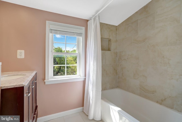 6825 Kincaid Ave, Falls Church, VA 22042 - full bath with tile patterned floors, shower / bathtub combination with curtain, baseboards, and vanity