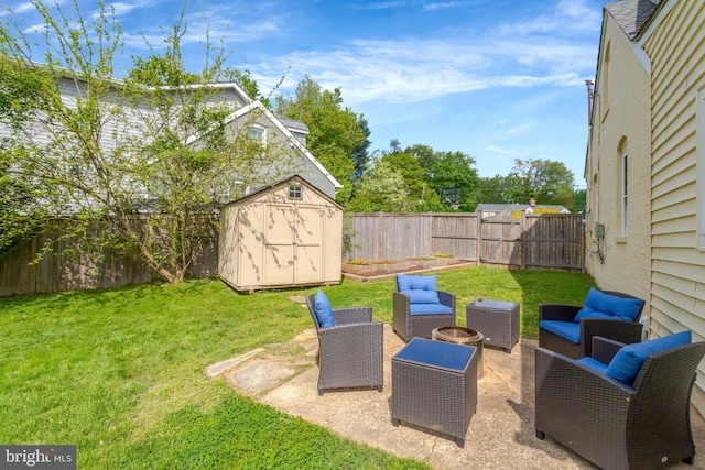 6825 Kincaid Ave, Falls Church, VA 22042 - view of yard with a patio, an outdoor hangout area, a fenced backyard, and a shed