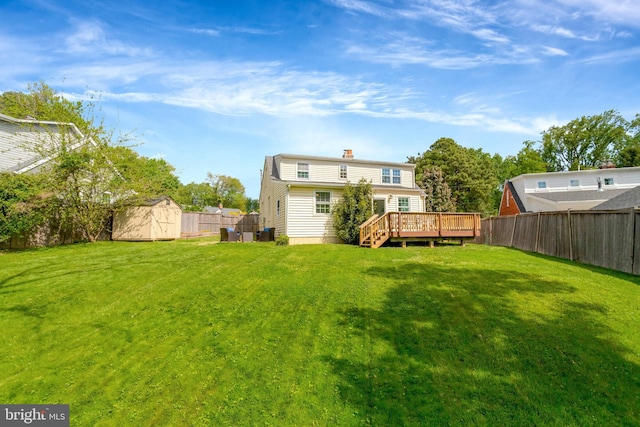 6825 Kincaid Ave, Falls Church, VA 22042 - back of property with a deck, a shed, a fenced backyard, an outbuilding, and a chimney